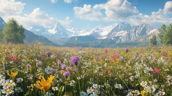 Fototapeta View of a distant mountain range from a meadow surrounded by blooming wildflowers