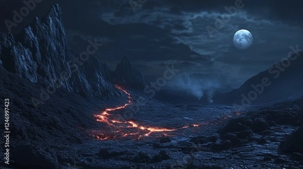 Fototapeta Volcanic landscape with a winding lava flow during the night