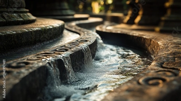 Fototapeta Water flowing in intricate channels carved into temple stone, soft light highlighting ancient patterns, peaceful zen focus