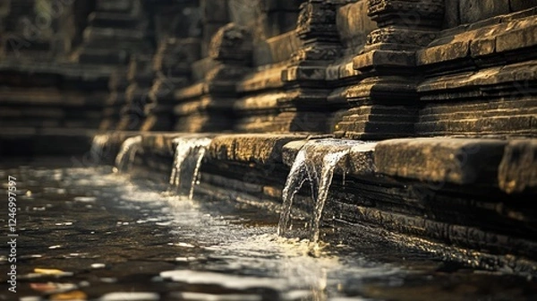 Fototapeta Water flowing in intricate channels carved into temple stone, soft light highlighting ancient patterns, peaceful zen focus