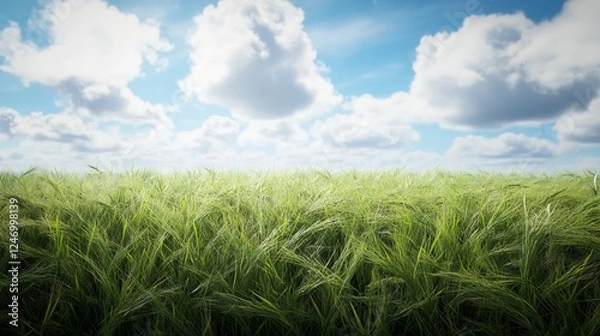 Fototapeta Wheat field under a cloudy sky, with a gentle breeze playing on the stalks