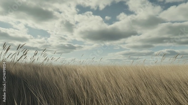 Fototapeta Wheat field under a cloudy sky, with a gentle breeze playing on the stalks