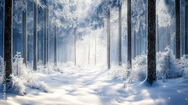 Fototapeta Winter forest under a blanket of snow, with sparkling, frost-covered tree branches