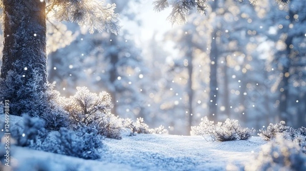 Fototapeta Winter forest under a blanket of snow, with sparkling, frost-covered tree branches