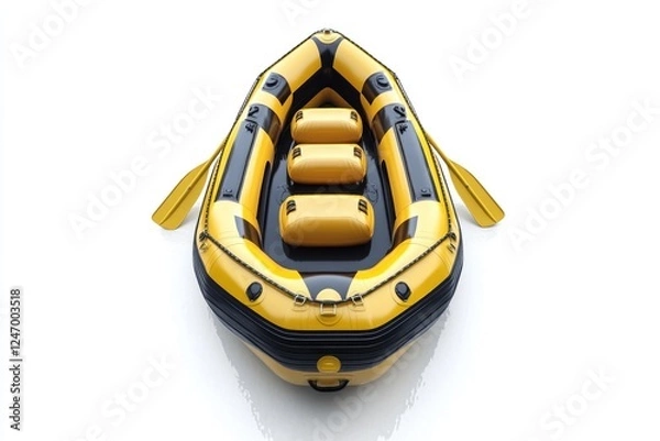 Fototapeta A yellow and black raft with a yellow paddle on the side. The raft is sitting on a white surface