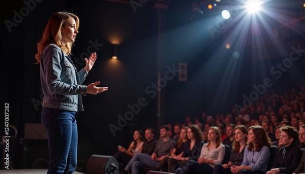 Obraz A motivational female speaker stands on a stage in front of an engaged audience, delivering an inspiring message.