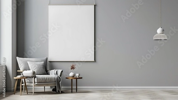 Fototapeta Gray living room with minimalist decor, armchair, side table, hanging lamp, and blank wall. Clean and simple design.
