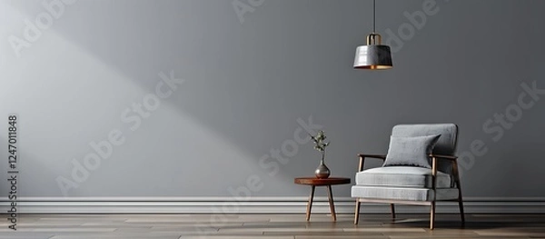 Obraz Gray interior featuring armchair, side table, hanging lamp, and empty wall. Modern and minimalist style.