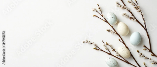 Fototapeta easter holiday greeting card, branch of a tree and pastell colored easter eggs isolated on white background