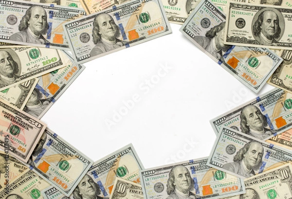 Fototapeta Frame of dollar bills on white background