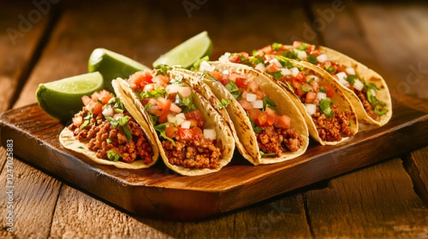 Fototapeta A vibrant arrangement of beef tacos with fresh salsa and lime on a rustic wooden board, showcasing delicious Mexican cuisine with a colorful and appetizing presentation.