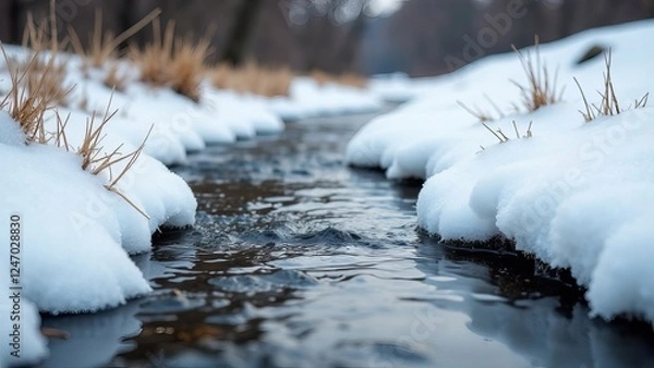 Fototapeta Winter Landscape with Snow Covered Grass and Stream