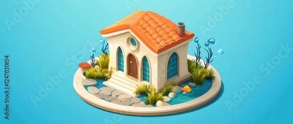 Fototapeta Charming cottage nestled by a tranquil pond, surrounded by lush greenery.