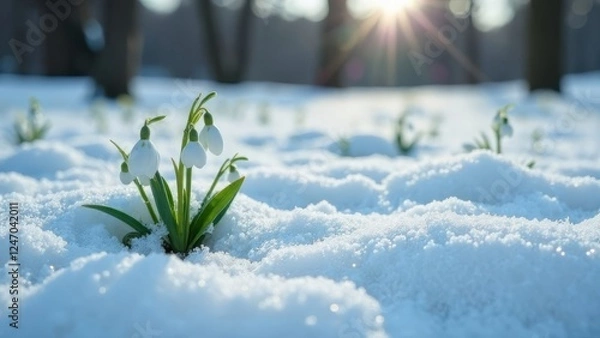Fototapeta Delicate Snowdrops in the Snow