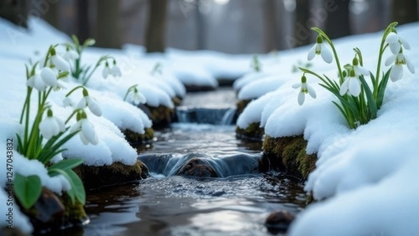 Fototapeta Delicate Snowdrops in a Snowy Landscape