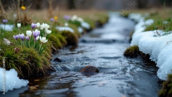 Fototapeta Early spring landscape with snow, river and colorful crocuses
