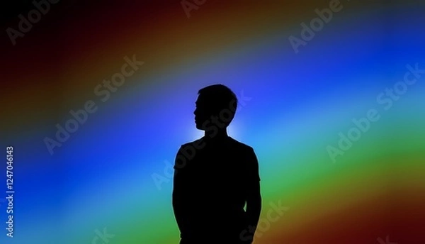 Fototapeta Silhouette of a person against a vibrant colorful background during a creative art display. Generative AI