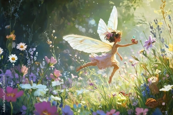 Fototapeta Tinkerbell in a Flowery Field: A whimsical fairy in her iconic green dress dances through a vibrant meadow filled with wildflowers and tall grasses, surrounded by a variety of colorful flowers
