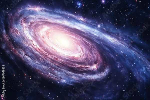 Fototapeta A perspective from orbit of a spiral galaxy along with stars. The cosmos abundant with stars, nebulae, and galaxies