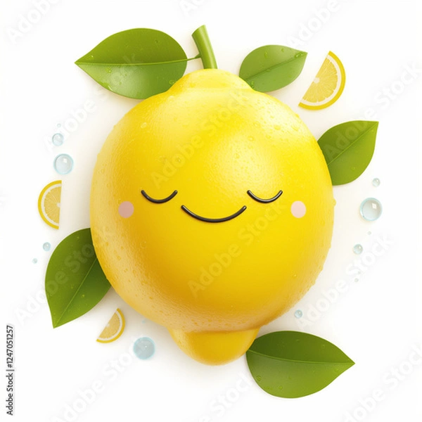 Fototapeta Lemon with green leaves on white