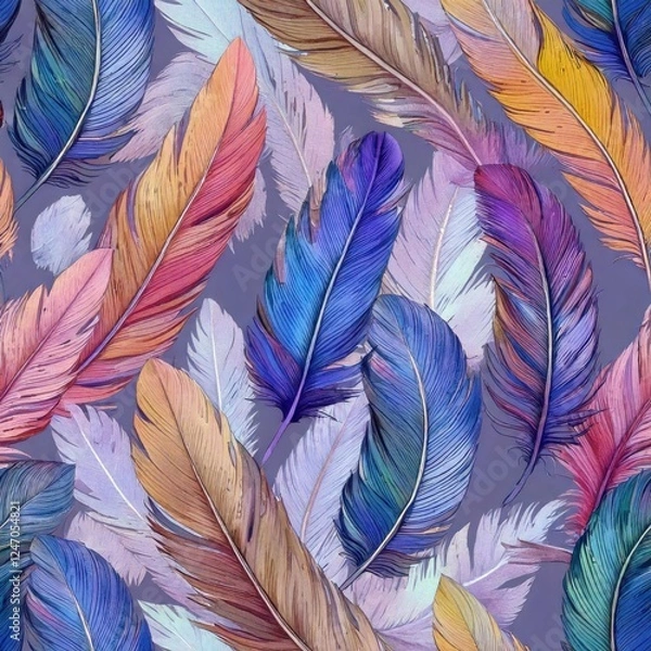 Fototapeta Vibrant and detailed digital illustration of multicolored feathers arranged in a seamless pattern, perfect for backgrounds, textiles, and creative designs.