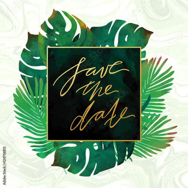 Fototapeta Trendy tropical jungle style vector invitation template. Watercolor paint textured palm-tree leaves on marble background. Natural stone, exotic green plants and emerald velvet textures.