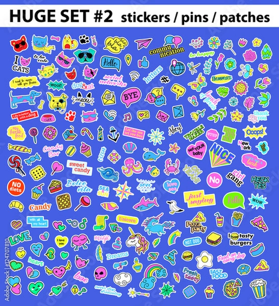 Obraz Huge pop art set with fashion patch, badges, stickers, pins, patches, quirky, handwritten notes collection. 80s-90s style. Trend. Vector illustration isolated. Vector clip art