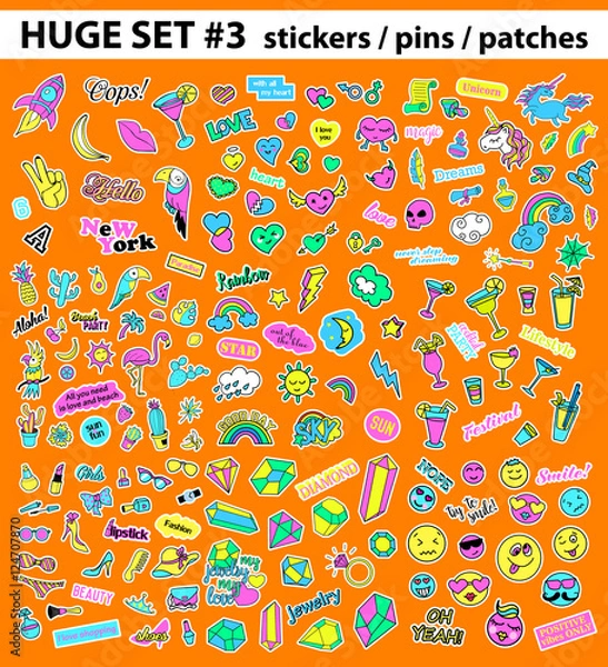 Obraz Huge pop art set with fashion patch, badges, stickers, pins, patches, quirky, handwritten notes collection. 80s-90s style. Trend. Vector illustration isolated. Vector clip art
