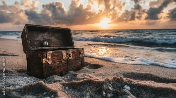 Fototapeta Old treasure chest washed up on a beach at sunset