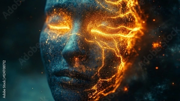 Fototapeta A mystical face emerges with glowing cracks, radiating energy and surrounded by cosmic elements, symbolizing transformation and rebirth.