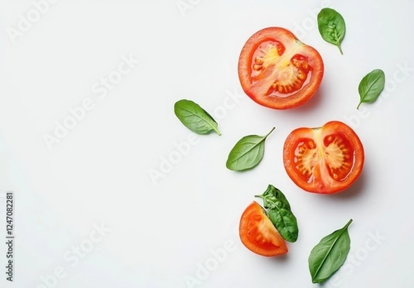 Fototapeta Tomato and Basil: A fresh and vibrant composition featuring ripe tomato slices and vibrant green basil leaves, arranged on a clean, white surface. Perfect for culinary themes, healthy living.