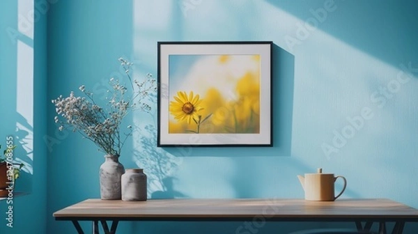 Fototapeta Minimalist interior with framed artwork and sunlight