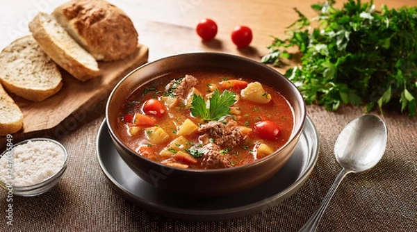 Obraz Eine Gulaschsuppe auf braunem Holztisch