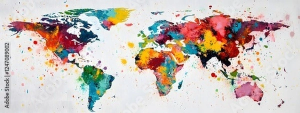 Fototapeta A vibrant world map made of colorful paint splashes
