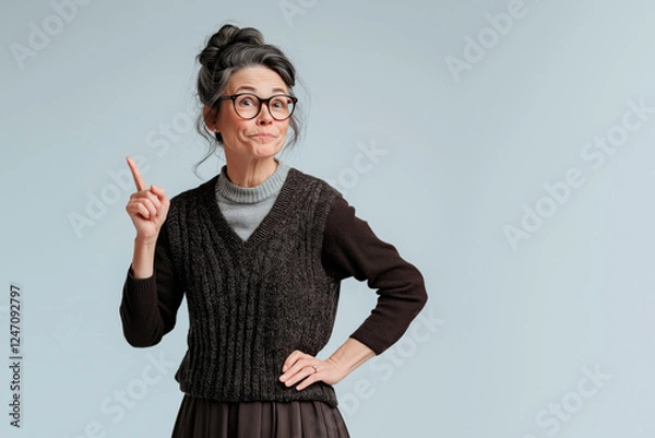 Fototapeta A 50-year-old woman, a school teacher with a stern look, her hair tied in a bun. She has one hand on her hip and the other with a finger pointing up, indicating something.