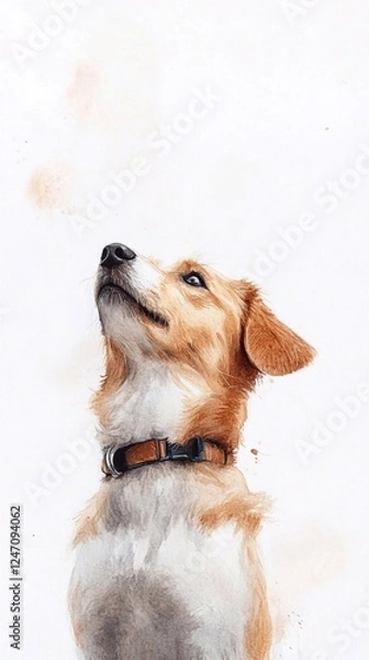 Fototapeta Beautiful Watercolor Drawing of a Dog Looking up With Curiosity and Joy on a White Background