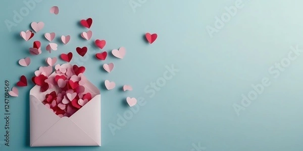 Obraz Hearts Falling from Envelope on Blue Background