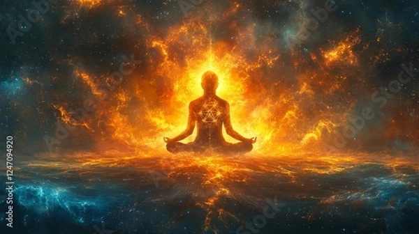 Fototapeta Fiery Cosmic Meditation Human Silhouette Against Intense Flames. Generative AI
