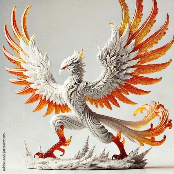 Fototapeta A majestic white and gold phoenix sculpture with intricate feather details and dynamic wings in a graceful pose
