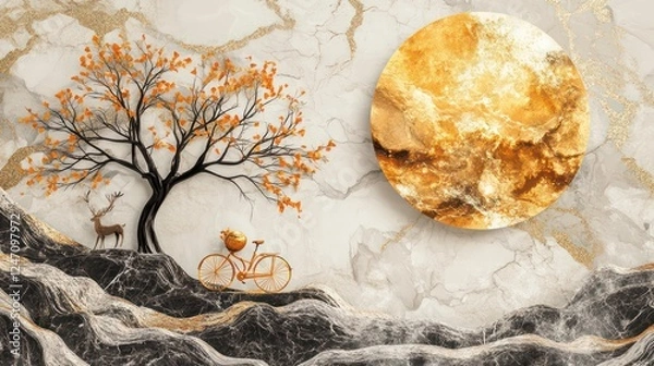 Obraz A black tree on a marble background, a golden deer and orange bicycles, a sphere on a golden brown background. 3d illustration modern boho minimalist horizontal abstract wall poster painting on a