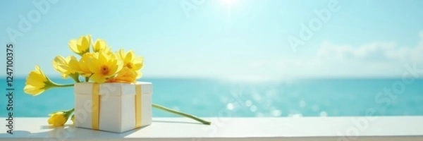 Obraz A serene coastal scene featuring cheerful yellow flowers in a gift box, perfect for celebrations, occasions, or promotions related to love, joy, and nature.