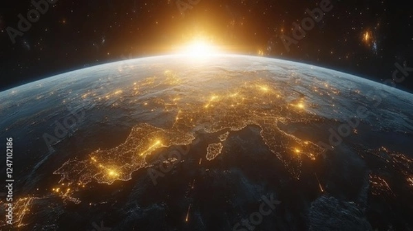 Fototapeta Stunning View of Earth from Space with Sunrise. Generative AI