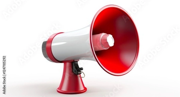 Obraz White Megaphone in Red. Isolated Three-Dimensional Bullhorn on White Background with Clipping Path for Easy Isolation