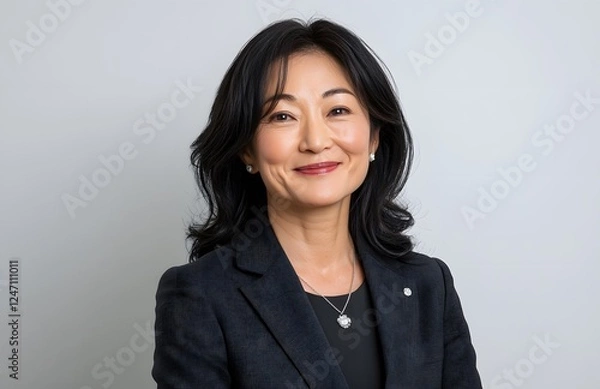 Fototapeta Smiling businesswoman portrait, studio, grey background, headshot, professional