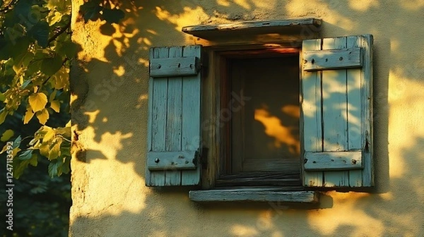 Fototapeta Rustic Window with Open Shutters Basking in Sunlight