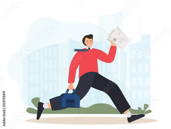 Fototapeta Businessman running late for work meeting, a businessman races against time, student hurry up for exam, time management concept, flat vector illustration