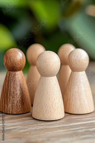 Fototapeta A set of wooden figurines representing family members arranged in a constellation therapy session on a minimalist wooden table.