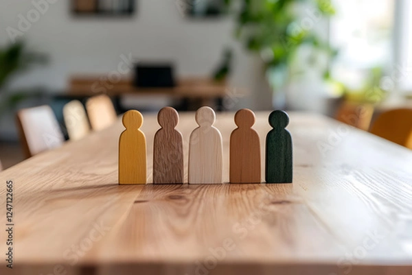 Obraz A set of wooden figurines representing family members arranged in a constellation therapy session on a minimalist wooden table.