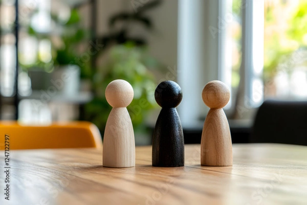 Fototapeta A set of wooden figurines representing family members arranged in a constellation therapy session on a minimalist wooden table.