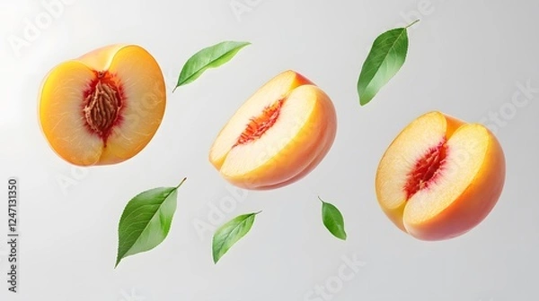 Fototapeta Sliced ​​Fruits, Vegetables and Greens Floating with Water Drops, Abstract Image, Texture, Pattern Background, Wallpaper, Cover and Screen for Smartphone, PC, Laptop, 9:16 and 16:9 Format